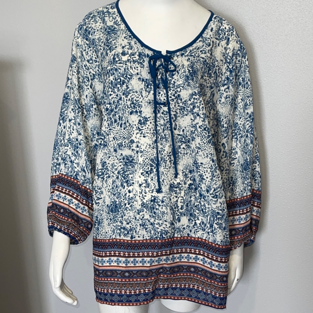 NEW Zac & Rachel Woman Sheer Navy Cream Aztec Bohemian Top Blouse 3X NWT Pretty